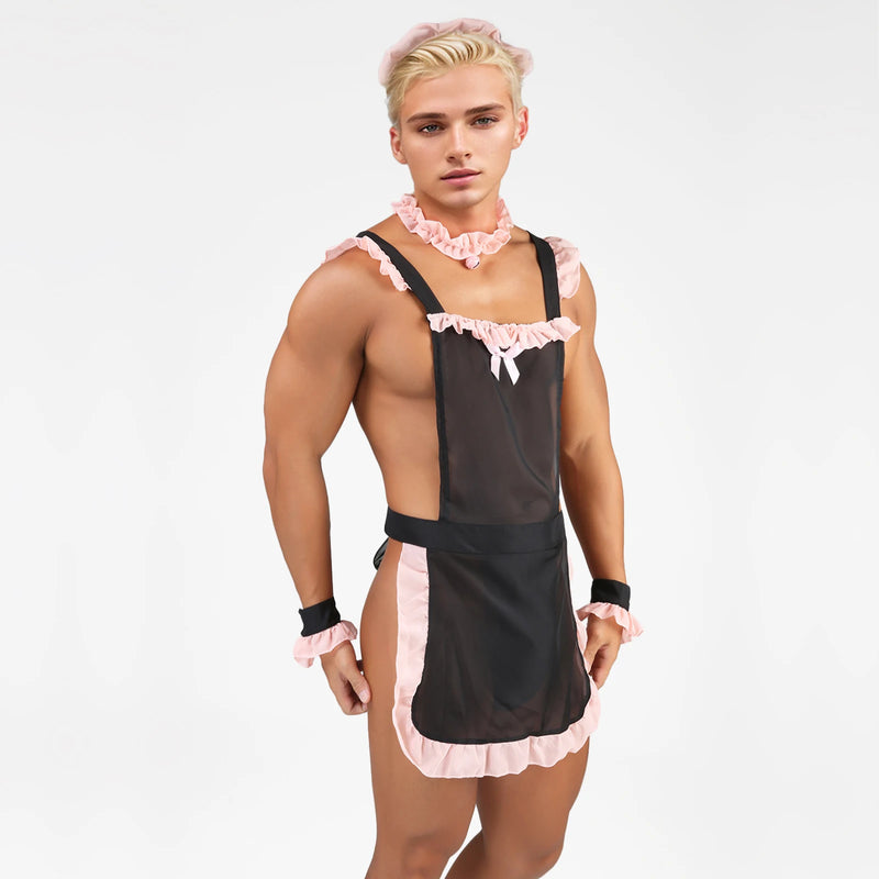 Sexy Erotic Lingerie Cute Male Servant Waiter Uniform Set Men Temptation Cosplay Bell Underwear Apron Adult Porno Sets Halloween