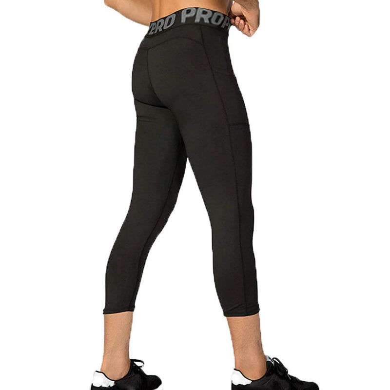 Mens 3/4 Compression Pants Basketball Running Tights Quick Dry Workout Leggings with Pockets Gym Sports Base Layer