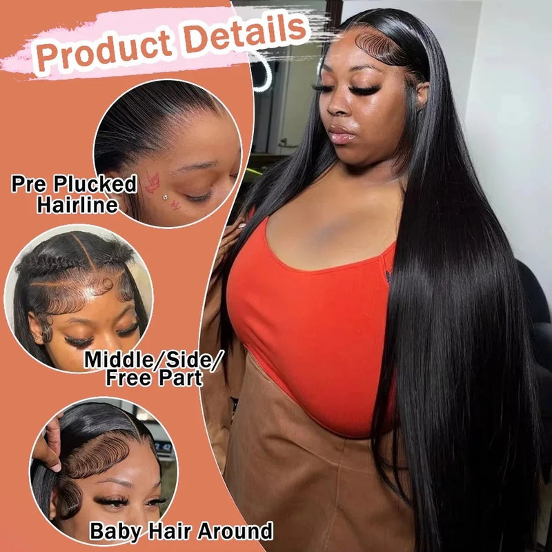 250% 40Inch Straight Lace Front Wigs Human Hair 13x6 HD Lace Frontal Wig 13X4 Bone Straight Human Hair Wig Pre Plucked For Women
