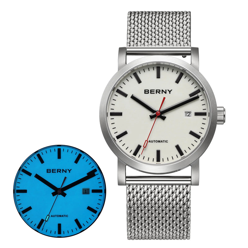 BERNY Automatic Men's Watch Top Brand Luminous 316L Stainless Steel Self-Wind Sapphire Wristwatch Mesh Belt Mechanical Men Watch