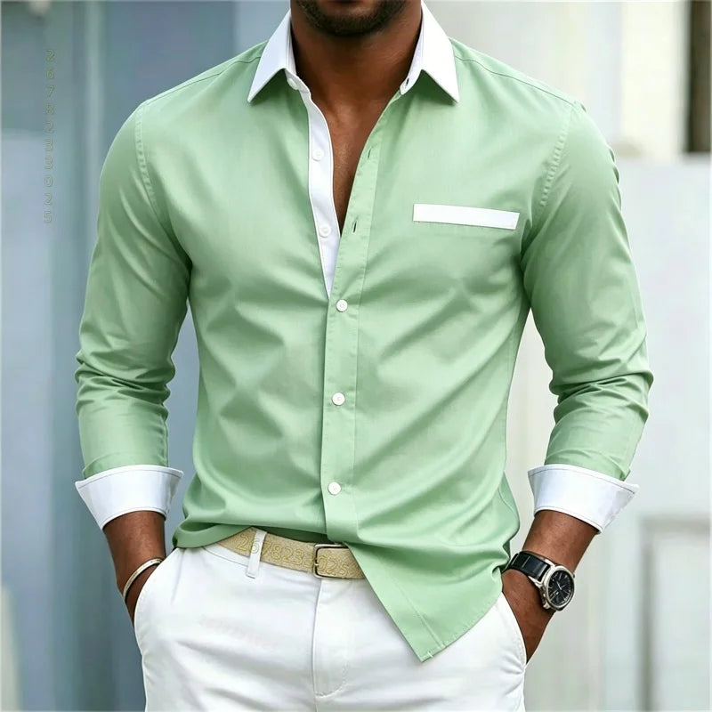 Men's shirt color blocking black and white lapel slim fit | SAMAG
