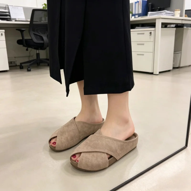 New Arrival Cross Design Closed Toe Mules, Soft Sole Suede Slides, Versatile Commute Daily Wear Women Backless Half Sandals