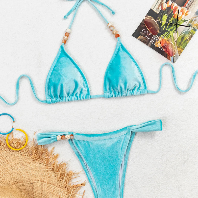Sexy Velvet Lake Blue Beads Halter Tie Bikinis Sets Two | SAMAG
