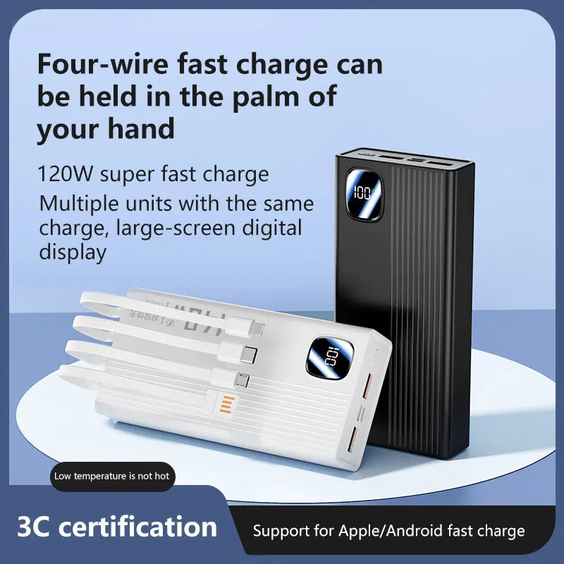 140W 200000mAh Power Bank Large Capacity 4 In1 Cables Intelligent Digital Display Light Portable Powerbank For iPhone Huawei New