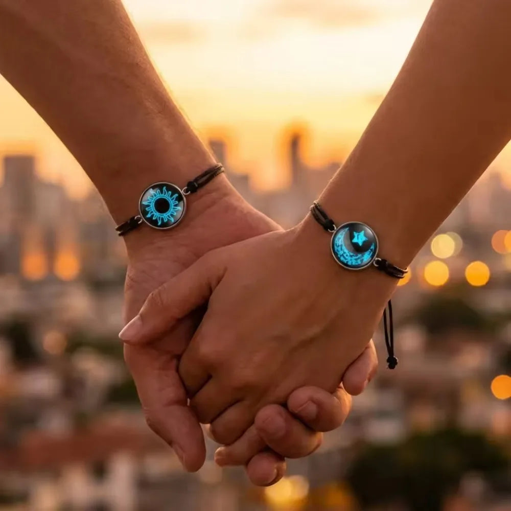 Handmade Braided Couple Bracelets Sun Moon Themed Glow In The Dark Glass Bead Adjustable Rope Wrist Jewelry Romantic Matching Accessory Gift