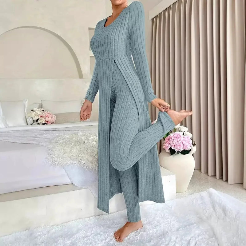 2026 New Fall/Winter Design Round-neck Slit Long-Sleeved Thick Striped Long-Sleeved Two-Piece Set (Extra Large Long-Sleeved Casual Wear)