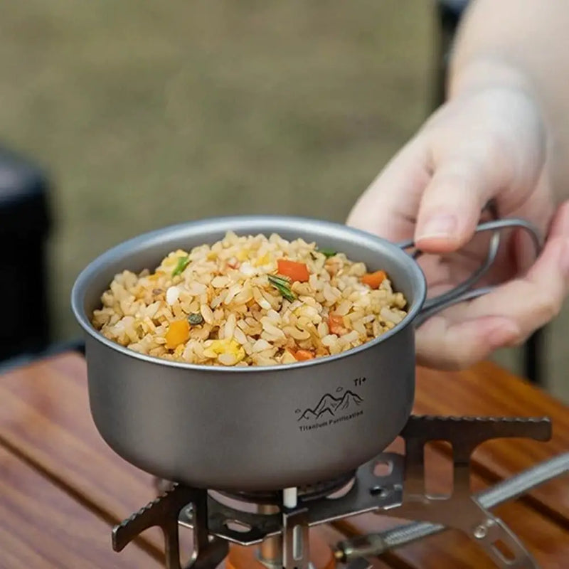 Titanium Coated Camping Pot with Foldable Handle,Lightweight Stainless Steel Outdoor Cookware Portable Hiking Cooking Bowl