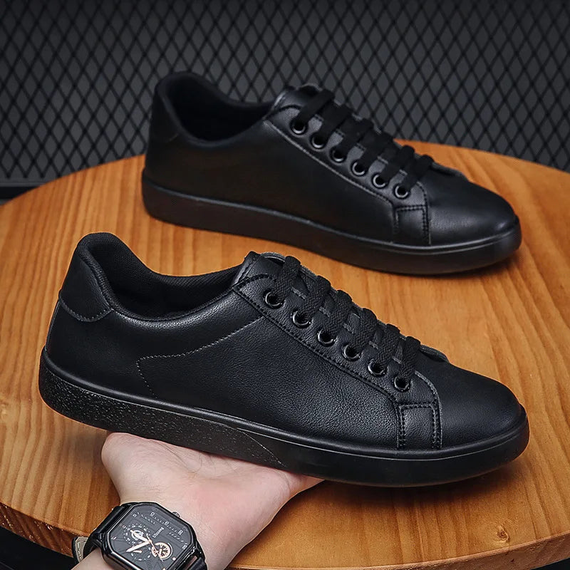Men's Vulcanized Shoes Casual Low Top Flat Sneakers White Shoes Zapatillas Hombre Chaussure Homme Drop Shipping Leather Black