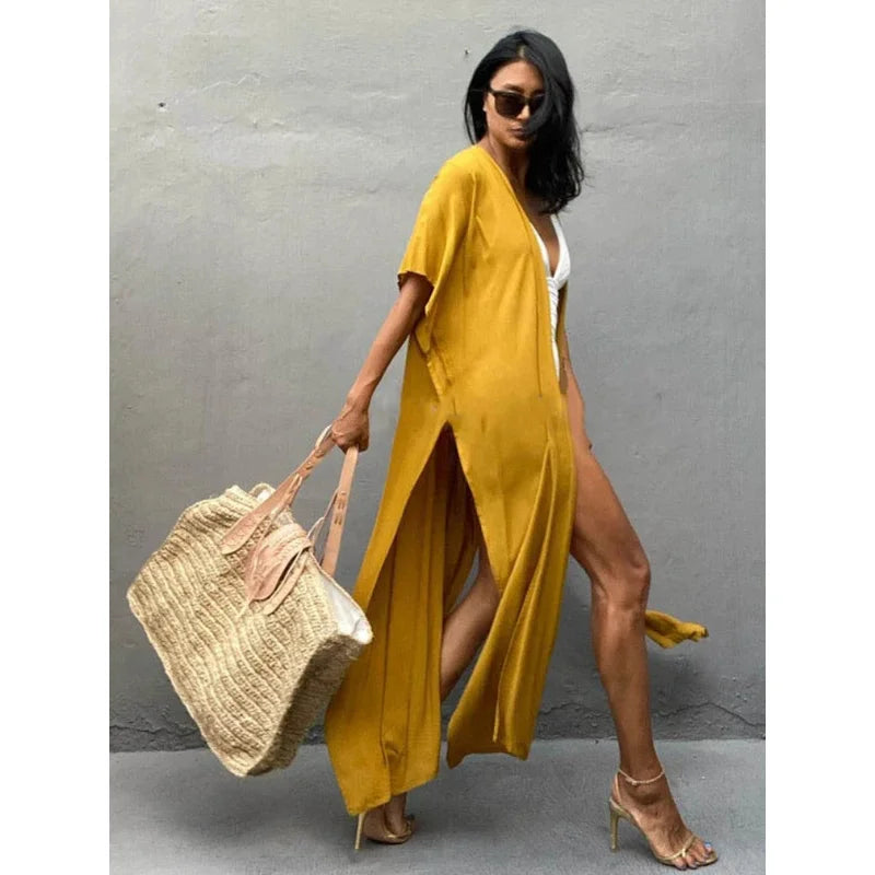 Swimsuit Cover Ups for Women Beach Cape Tunic Kimono Summer Belted Split Wrap Dresses Pareo Holiday Bathing Suits Factory Supply