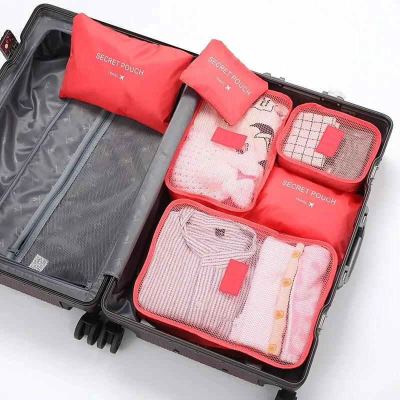 6Pcs Luggage Travel Bags Underwear Shoes Storage Bag Oxford Waterproof Cloth Suitcase Pouch Cube Red Organiser For Clothing