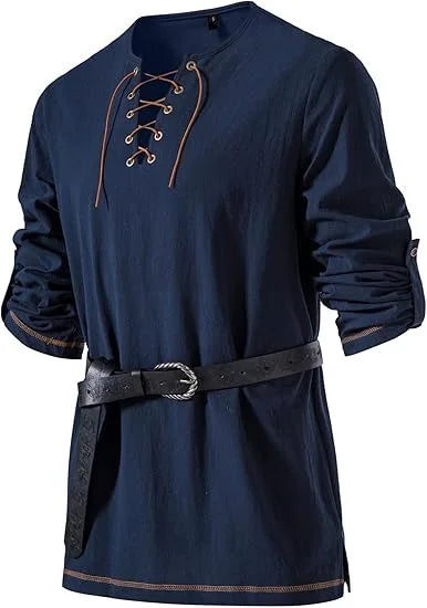 Men Medieval Lace Up Linen Long Sleeve Tunic Viking | SAMAG