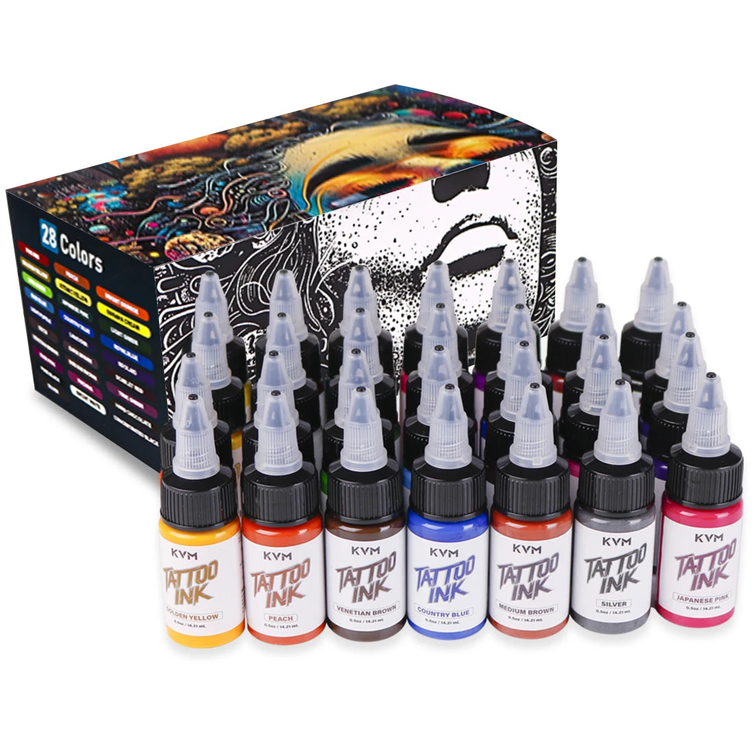 KVM 0.5oz 28 Colors Professional Tattoo Ink for Body Art Natural Plant Micro Pigment Permanent Tattoo Ink for Body Art Paint