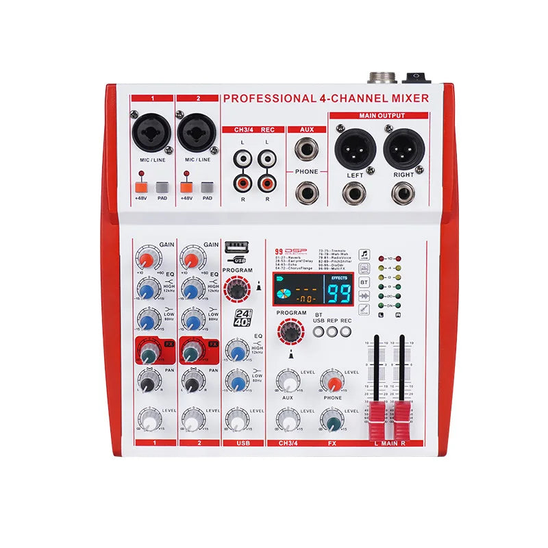 Professional 4 Channel Mixer with USB Audio Interface Bluetooth 48V Phantom Power for Live Performance Karaoke