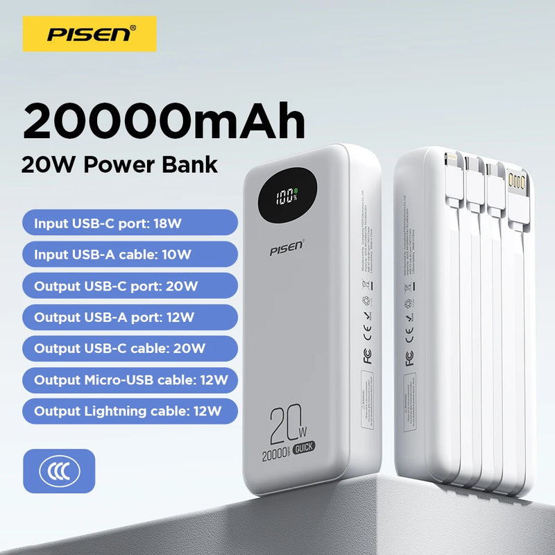 PISEN 3C Certified Power Bank 10000mAh & 20000mAh 20W Fast Charging Powerbank With 4 Built-in Cables For iPhone Samsung Xiaomi