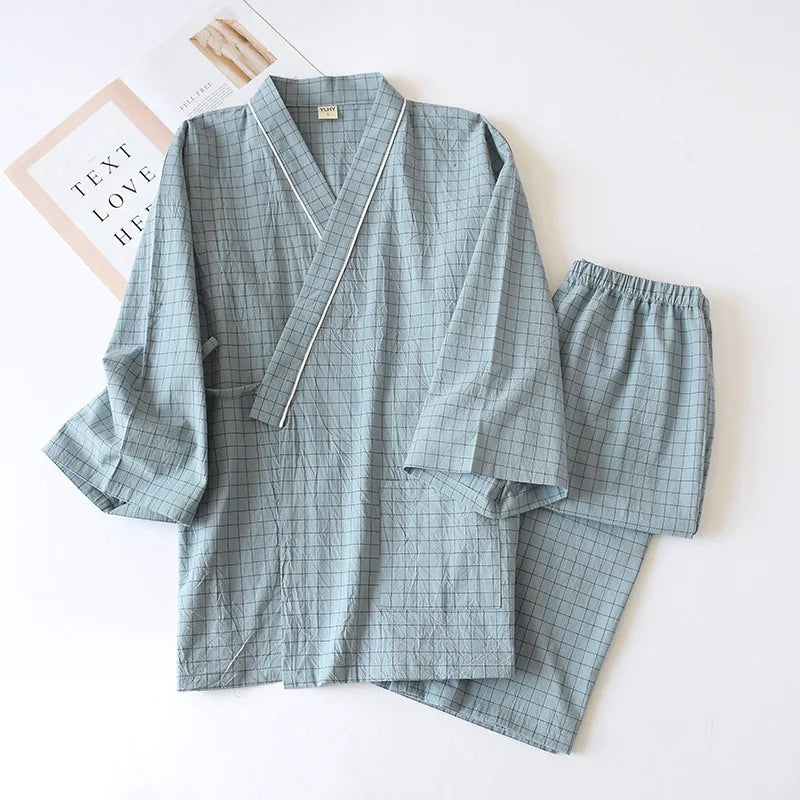 Japanese-style Kimono, Cotton Gauze, Spring And Autumn Men's Plaid Nightgown Two-piece Home Service Yukata Lace-up Pajama Set