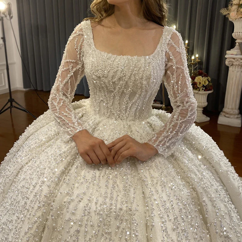 Luxury Sparkly Ball Gown Wedding Dress Long Sleeves - View 2 | SAMAG