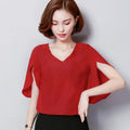 Women Chiffon Short Sleeve Shirt Sexy V-neck Loose Ruffled Chiffon Blouse.