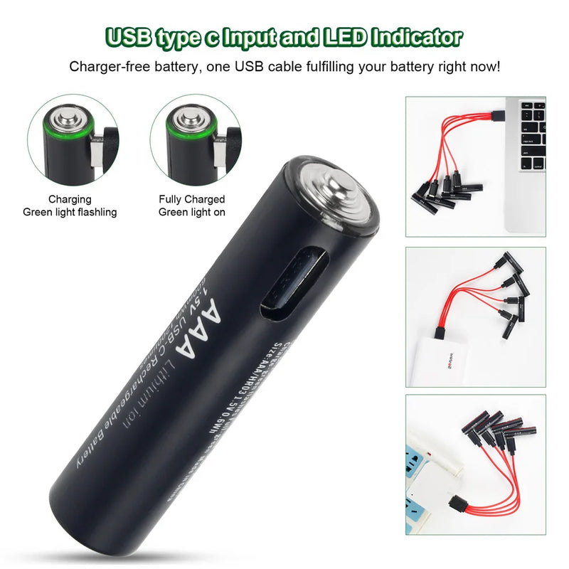 Soshine 600mWh Rechargeable Battery AAA 1.5V USB Lithium Batteries USB Li-ion Aaa Battery with 4-in-1 USB Cable 1200 Times Cycle