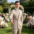 Men's Linen Suit 2-Piece Khaki Shawl Collar Double-Breasted Slim Fit Breathable Jacket and Pants Formal Set for Summer Business
