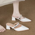 French Style Pointed Toe Chunky Heel V-Cut Mules with Chain Decor, Commute Versatile Comfortable Outdoor Wear Sandals for Women