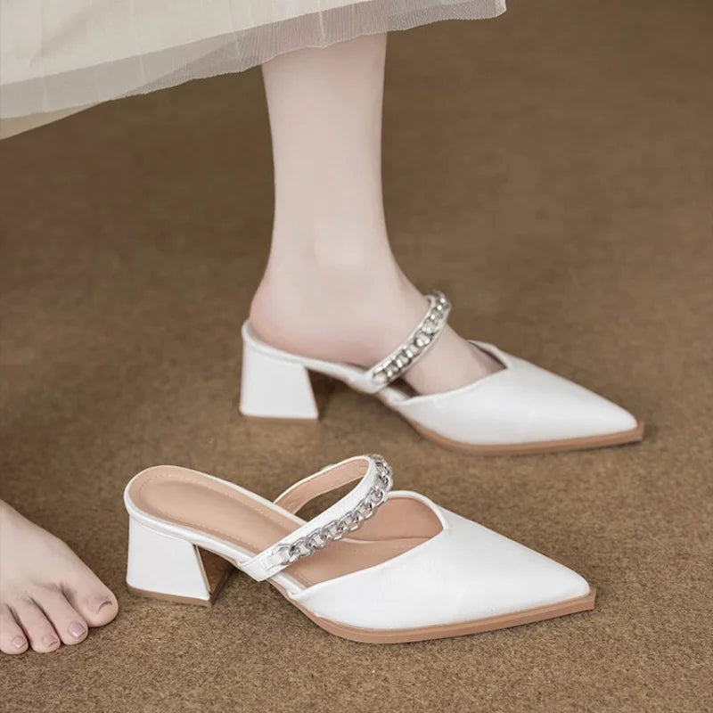 French Style Pointed Toe Chunky Heel V-Cut Mules with Chain Decor, Commute Versatile Comfortable Outdoor Wear Sandals for Women
