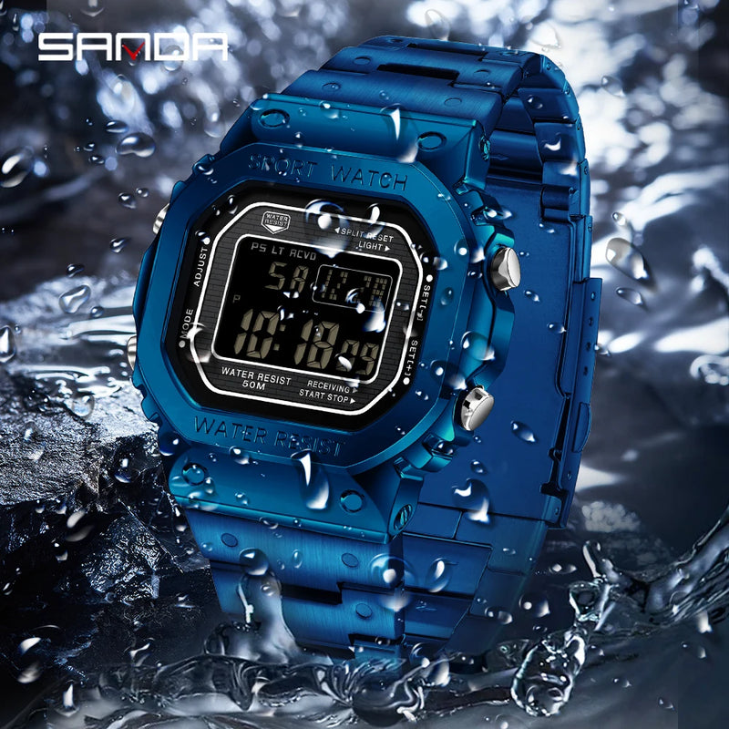 SANDA 2162 Men's Electronic Watch Square Waterproof Multi Functional Wrist Watch Square Fashion Night Light Steel Digit Watches