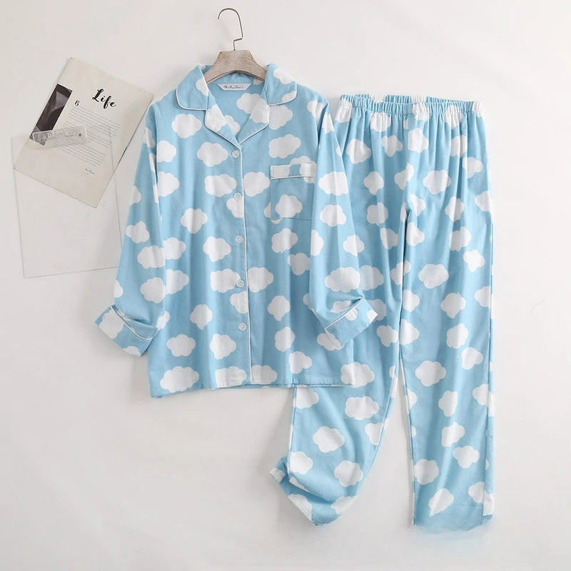 Cotton Flannel Women's Long Pants Pajamas Sets for Sleepwear Plaid Design Loose Autumn and Winter Long Sleeve Trouser Suits