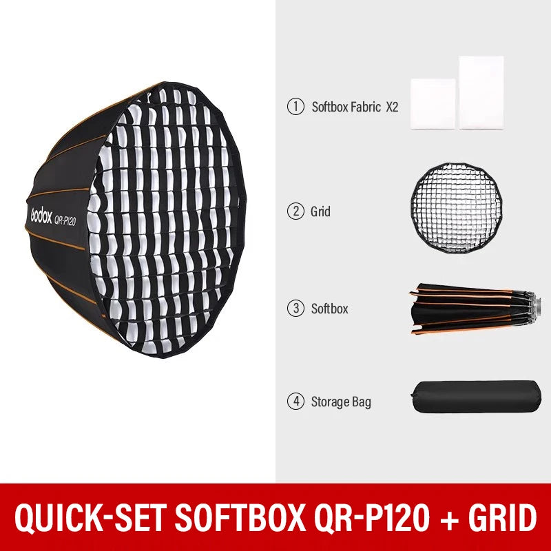 Godox Quickly Release Parabolic Deep Softbox QR-P70 70CM QR-P90 90CM QR-P120 120CM with Honeycomb Grid for Bowens Mount Studio F