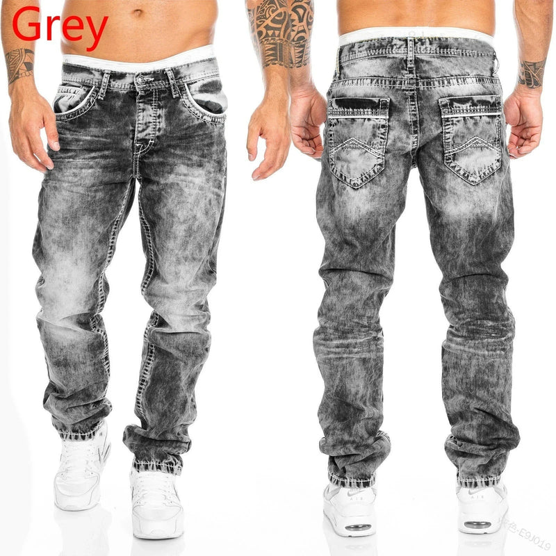 Men Jeans Solid Pockets Stretch Denim Straight Pants | SAMAG