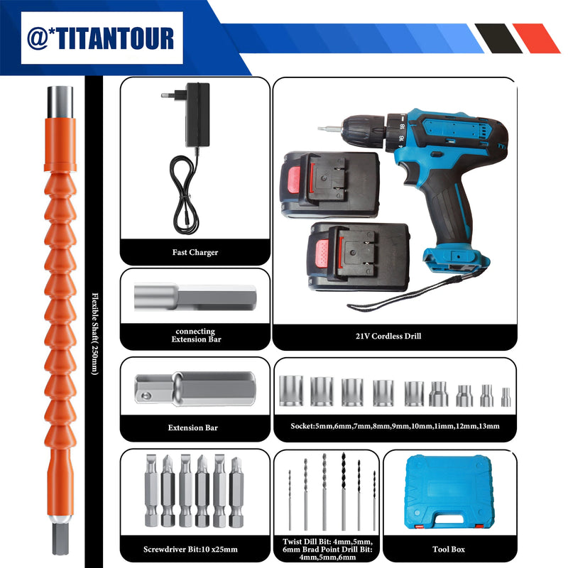 21V Cordless Drill Driver with 2 Batteries, Electric Screwdriver Set, 6 Speed, 18+1 Torque, Power with Bits - View 2 | SAMAG