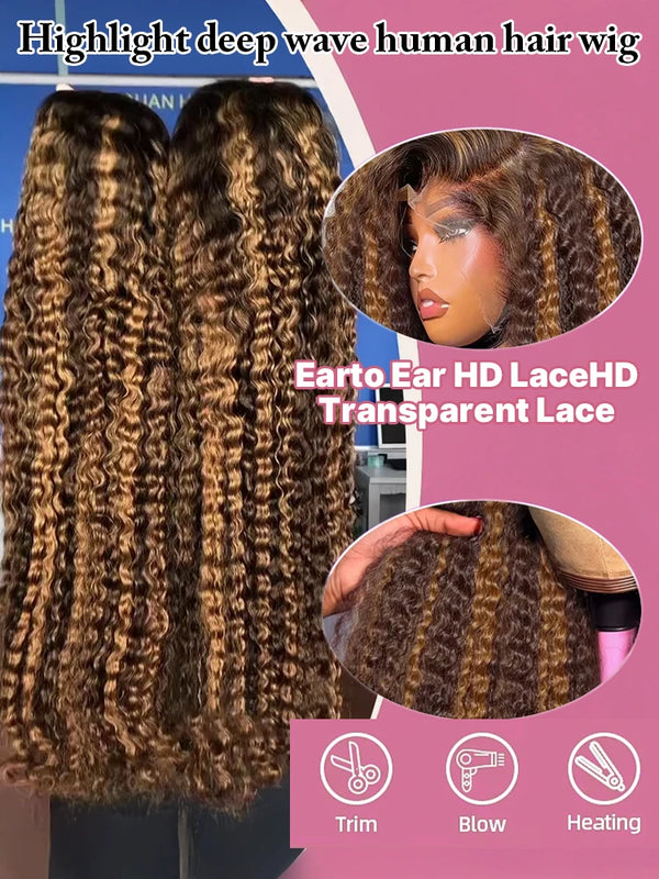 40 44 Inch Curly Highlight Wig Human Hair Deep Wave 13x6 HD Frontal Wig 4/27 Honey Blond 13x4 Water Wave Lace Front Wigs Raw Human Hair Wigs For Black Women 250% Pre Plucked Natural Hairline