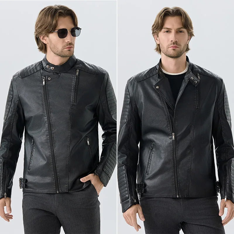 Men's Leather Jackets Casual Fashion Motorcycle Coat O-Neck PU Jacket Autumn Anti-wind Leather Coat Slim Fit Faux Leather Jacket