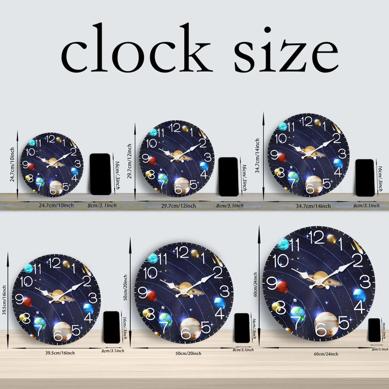 Wooden Wall Clock with Universe and Planet Motifs, 10-14inch Silent Wall Clocks, Aa Battery Powered, Suitable for Living Room, Bedroom, Office, Valentine's Day, Carnival, Ramadan, (Battery Not Included)