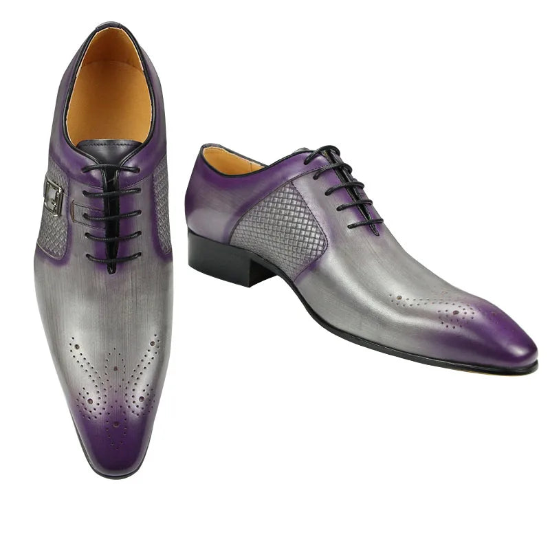 Summer Modern Men's Shoe Lace-Up Oxfords Business Office Fashion Footwear Metal Buckle Classic Gray Purple Dress Office Shoe