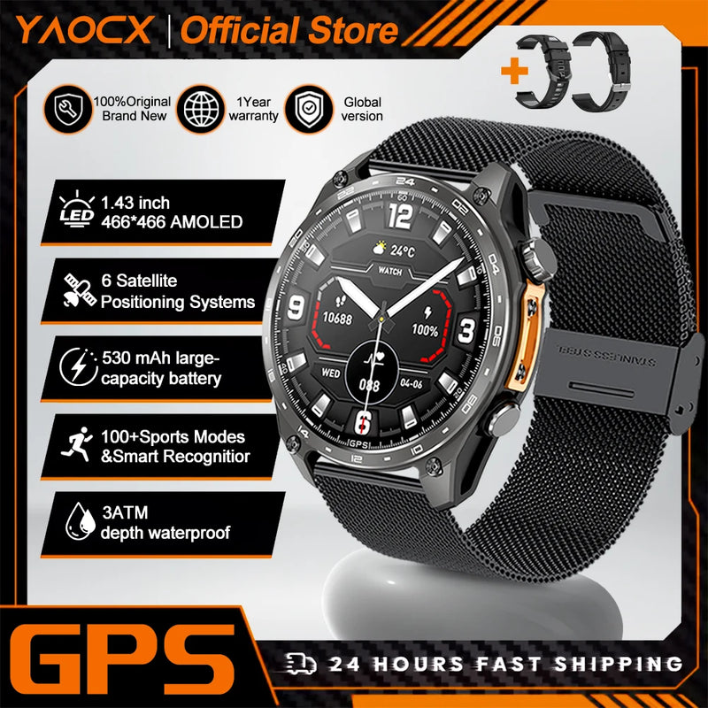 2026 New Military Smart Watch Men Built-in GPS 530mah Bluetooth Call 3ATM Waterproof Barometric Altimeter Sports Smart Watches