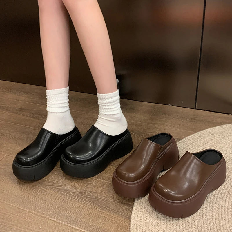Women Platform Mules Slip On Clogs Solid PU Round Toe 6-8CM High Thick Sole Casual Daily Walking Autumn Outdoor Ladies Footwear