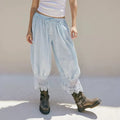 Women's Y2K Loose Fit Bloomers Cropped Pants Drawstring High Waist Floral Lace Patchwork Calf-Length Lantern Trousers