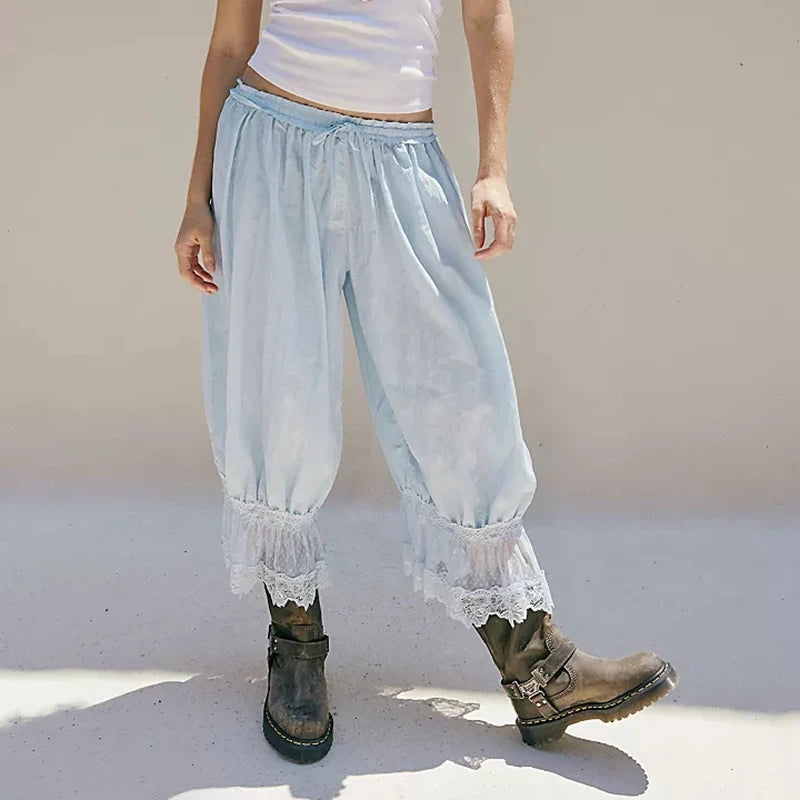 Women's Y2K Loose Fit Bloomers Cropped Pants Drawstring High Waist Floral Lace Patchwork Calf-Length Lantern Trousers