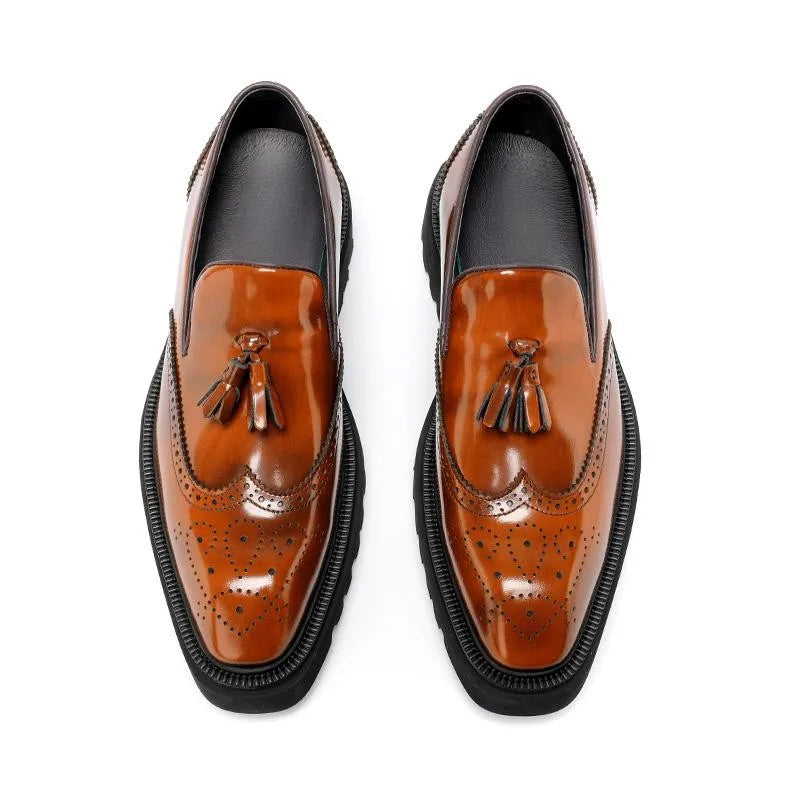 British Style Genuine Leather Platform Square Toe Carving Slip On Dress Shoes Handmade Cowhide Tassels Solid Color Men Loafer
