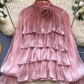 SINGREINY Autumn 3D Floral Chiffon Blouse Ruffle Full - View 3 | SAMAG