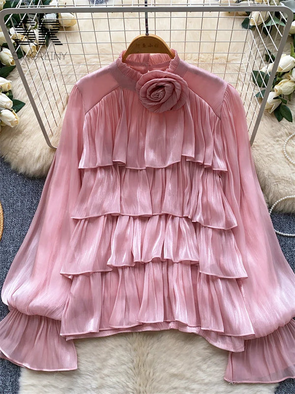 SINGREINY Autumn 3D Floral Chiffon Blouse Ruffle Full - View 3 | SAMAG