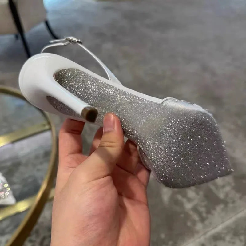 Luxury Diamond Pearls Lace Mesh Women Pumps Elegant Pointed toe Thin High heels Fashion Summer Slingbacks Wedding Party Shoes