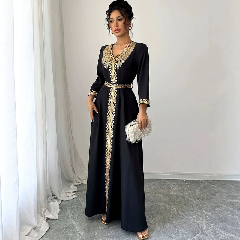 Moroccan Kaftan Abaya Women Dubai V Neck Gold Fringe | SAMAG