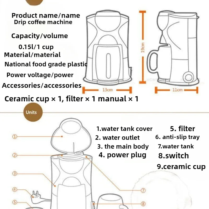 300W Small Household Palm Coffee Machine Kitchen Appliances Office Freshly Ground Coffee Tea Maker Drip Type 220V-240V