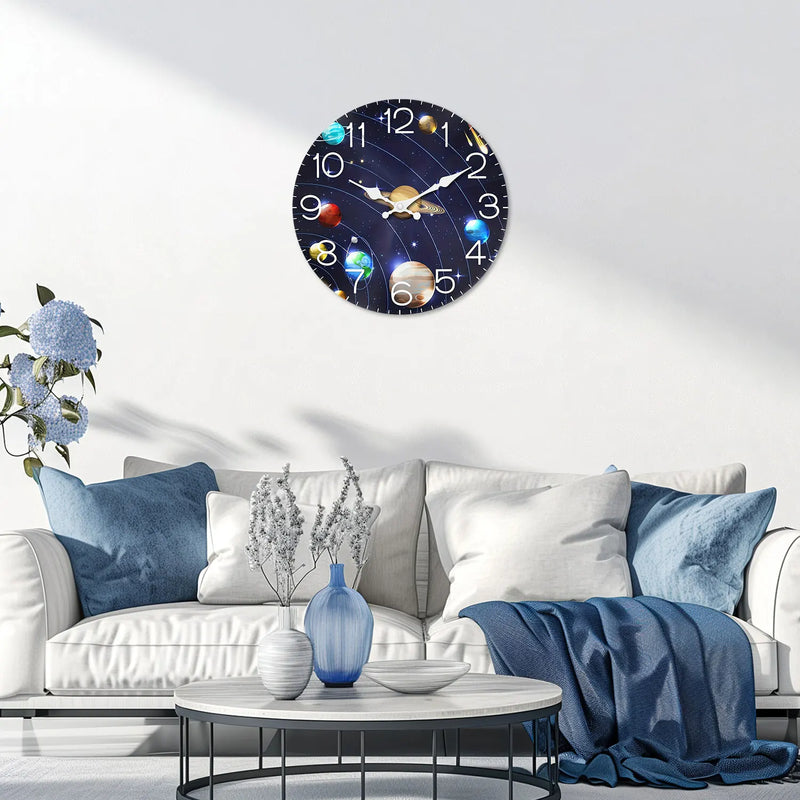 Wooden Wall Clock with Universe and Planet Motifs, 10-14inch Silent Wall Clocks, Aa Battery Powered, Suitable for Living Room, Bedroom, Office, Valentine's Day, Carnival, Ramadan, (Battery Not Included)