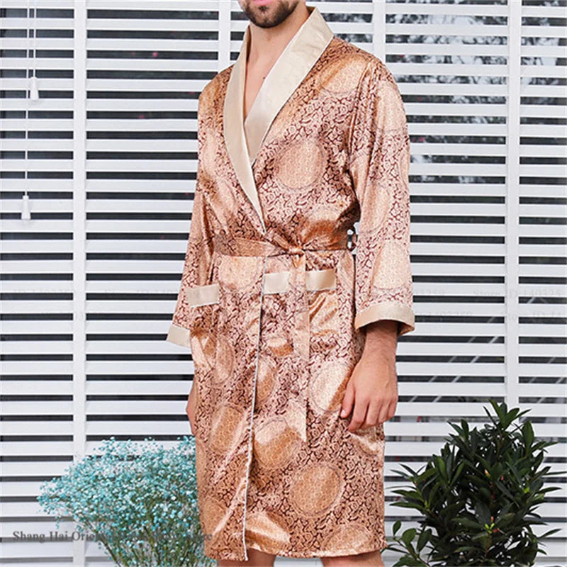Men's Ice Silk Sleepwear Kimono Bathrobe Gown Long Robe Pajamas Two Piece Set Print Tiger Loose Casual Homewear Lounge Wear