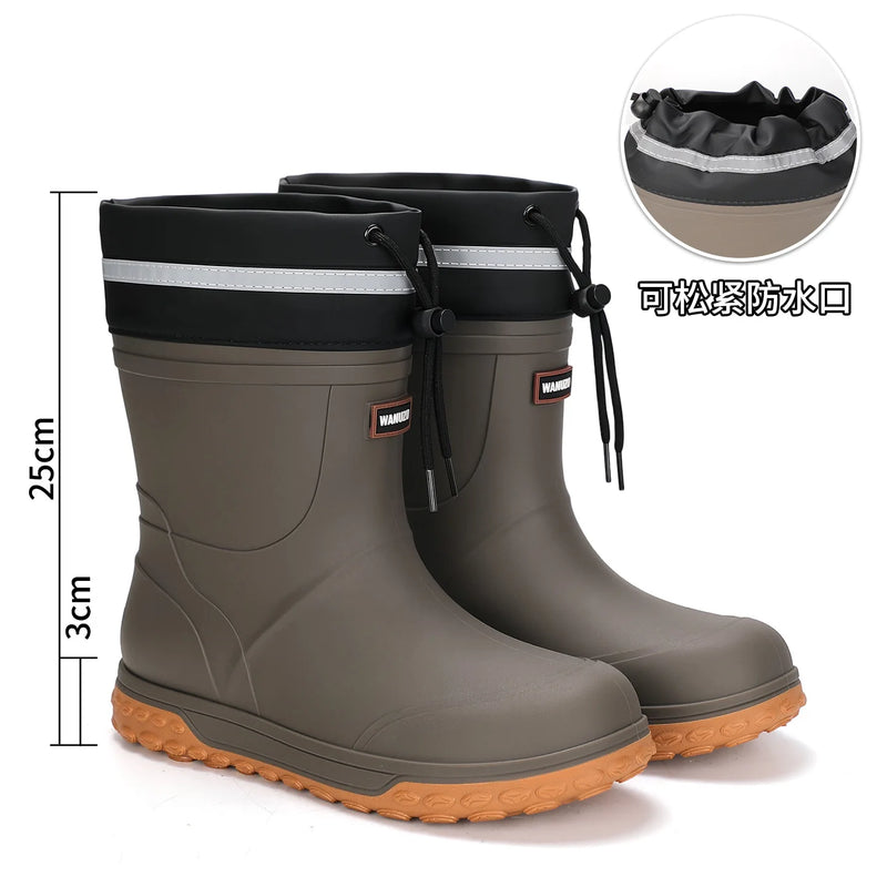 Men's Fashion Rain Boots High Quality Anti-Slip Waterproof Shoes Thick Bottom Wear-Resistant Outdoor Drawstring Work Rubber Shoe