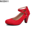 Women's High Heels Pumps Shoes Large Size 46 Ankle Strap Flock Red Black Heeled Wedding Party Office Shoes Ladies 2026 Spring