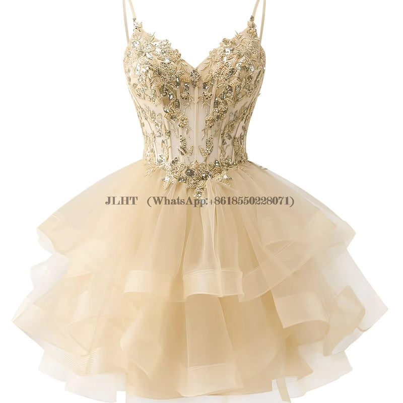 Customized Tiered Tulle A Line Homecoming Dress For Teens Sparkly Lace Applique Beaded Short Prom Dress Mini Cocktail Party Gown