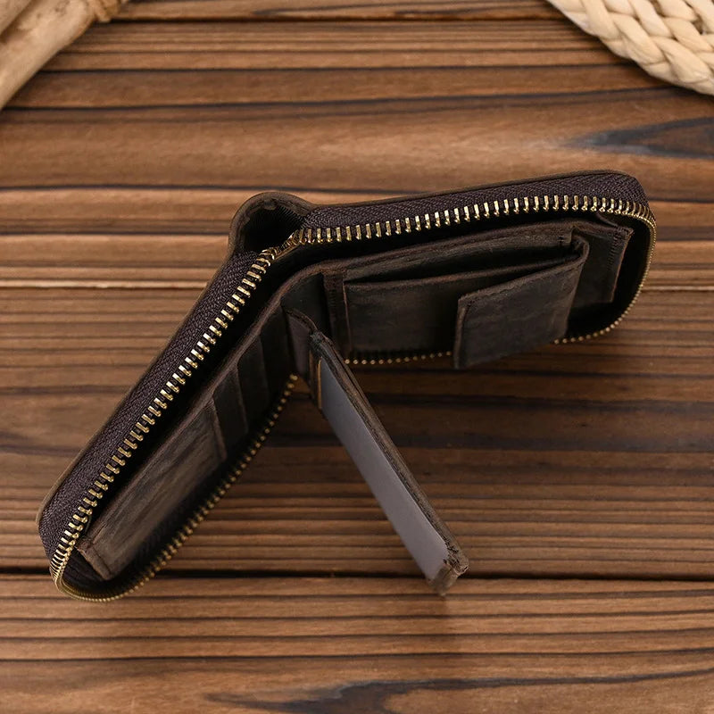 Men Crazy horse Genuine Leather Coin Wallet Real Leather Snap Short Purse Women Coin Pocket Zip Around Small Trifold Pocket